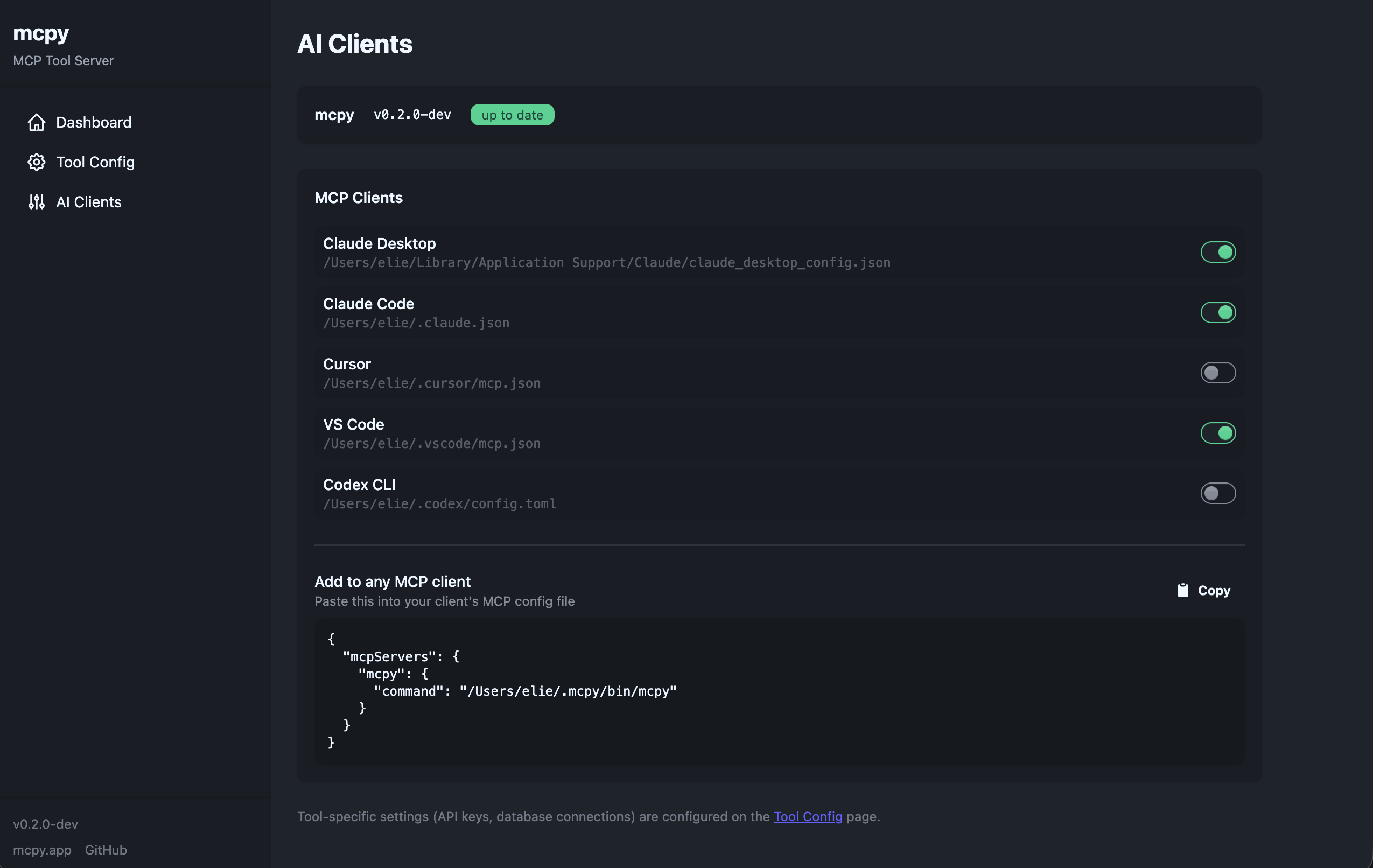 AI Clients page showing install toggles for Claude Desktop, Claude Code, Cursor, VS Code, and Codex CLI